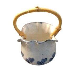 Vintage Blue White Pottery basket with bamboo handle blue hearts Janet Rodriguez
